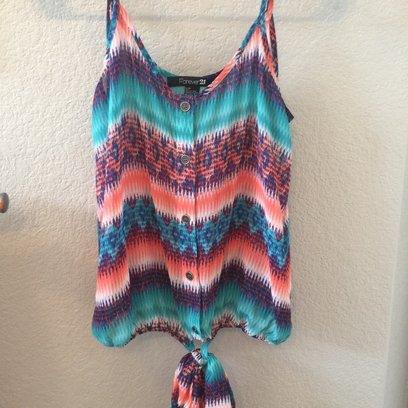 F21 Colorful Front Tie Shirt - Picture 1 of 4